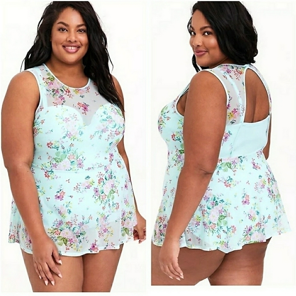 New Torrid Aqua Floral Mesh One Piece Swim Dress Size 6X